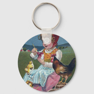 Porte-clés Vintage Fille de Pâques Peinture Oeuf Avec Poulets