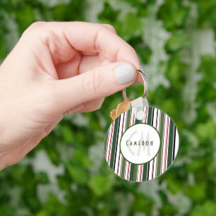 Porte-clés Vintage Stripes Elégant Vert Blanc Monogramme