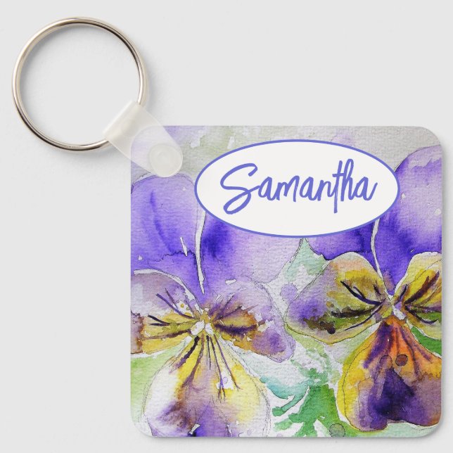 Porte-clés Viola violet fleurs florales Aquarelle Peinture (Recto)