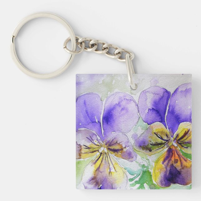Porte-clés Viola violet fleurs florales Aquarelle Peinture Ke (Devant)