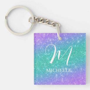 Porte-clés Violet et Vert Faux Paillettes Nom et Initiale