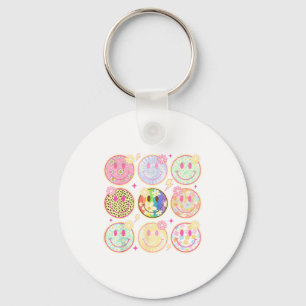 Porte-clés Visage Fleur Souriant Groovy Rétro Damier