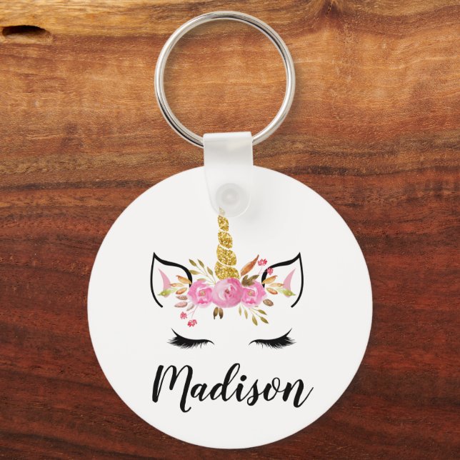 Porte-clés Visage Unicorne avec cils Nom personnalisé (Recto)