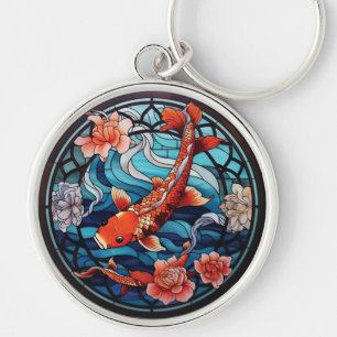 Porte-clés Vitrail asiatique style Koi Poisson et Camellias