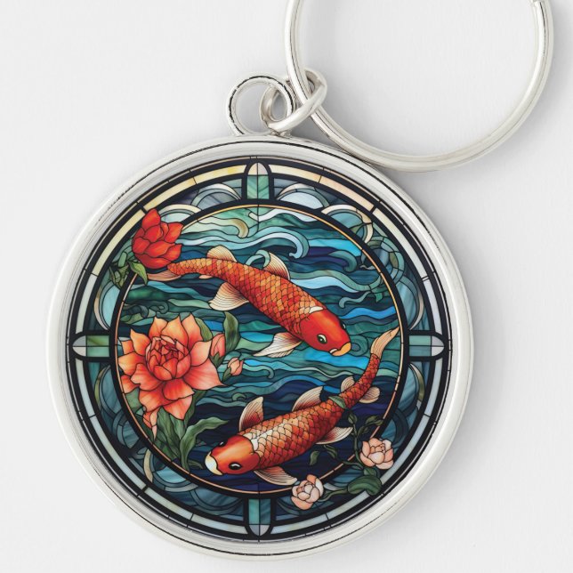 Porte-clés Vitrail asiatique style Koi Poisson et Camellias (Devant)