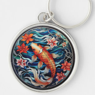 Porte-clés Vitrail asiatique style Koi Poisson et Camellias