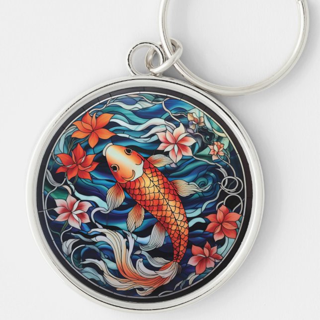 Porte-clés Vitrail asiatique style Koi Poisson et Camellias (Devant)