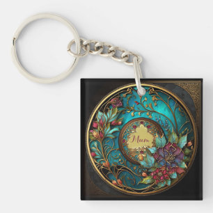 Porte-clés Vitrail Turquoise et rose Abstrait Fête des Mères