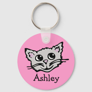 Porte-clés Votre nom mignon enfants graphique chat rose gris 