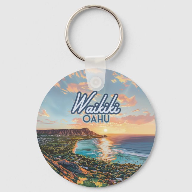 Porte-clés Waikiki Beach Honolulu Oahu Hawaii Retro (Recto)