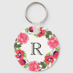Porte-clés Watercolor Red and Pink Flowers Wreath Circle