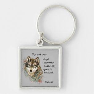 Porte-clés Watercolor Wolf Code Quote, Wolves Custom Name Key