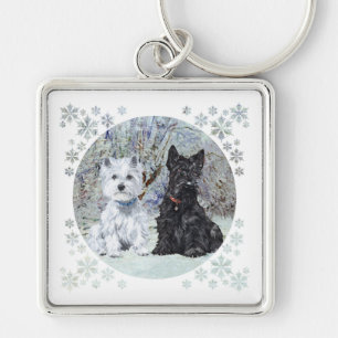 Porte-clés Westie et Scottie dans un paysage enneigé