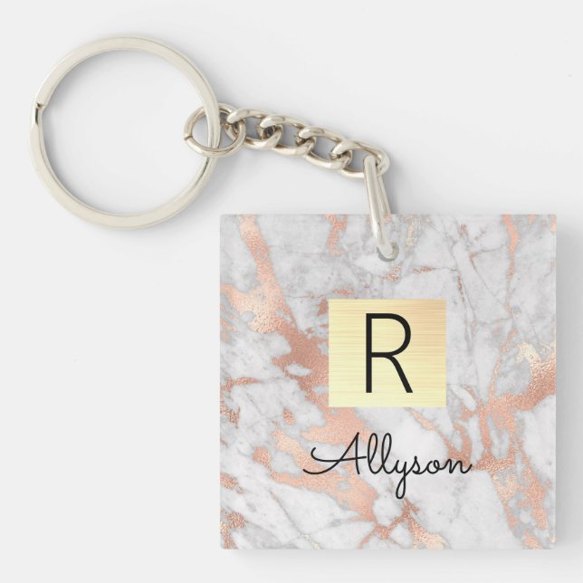 Porte-clés Wh & Rose Gold Marble Gold Box, Nom et Monogramme (Devant)