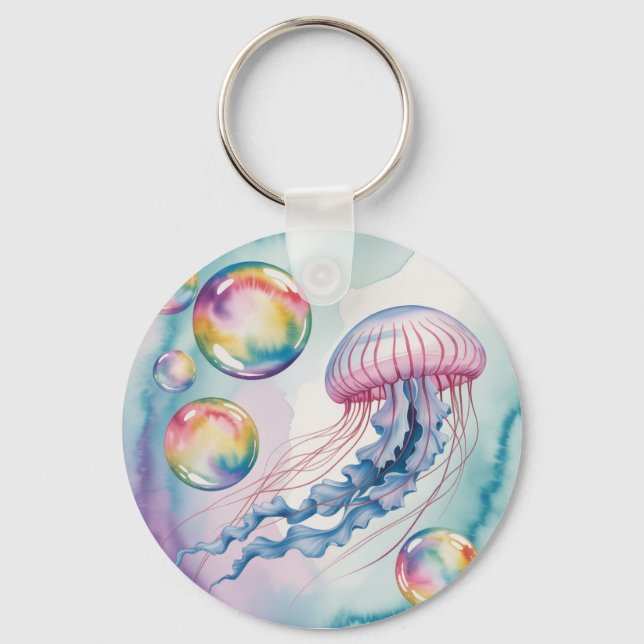 Porte-clés Whimsical Rainbow Jellyfish Watercolor Design (Recto)