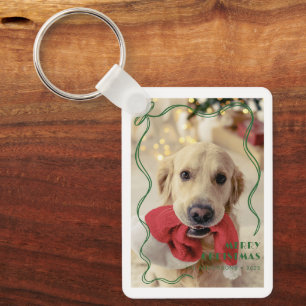 Porte-clés Whimsical Red Ribbon Pet Photo Joyeux Noël