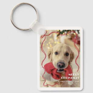 Porte-clés Whimsical Red Ribbon Pet Photo Joyeux Noël