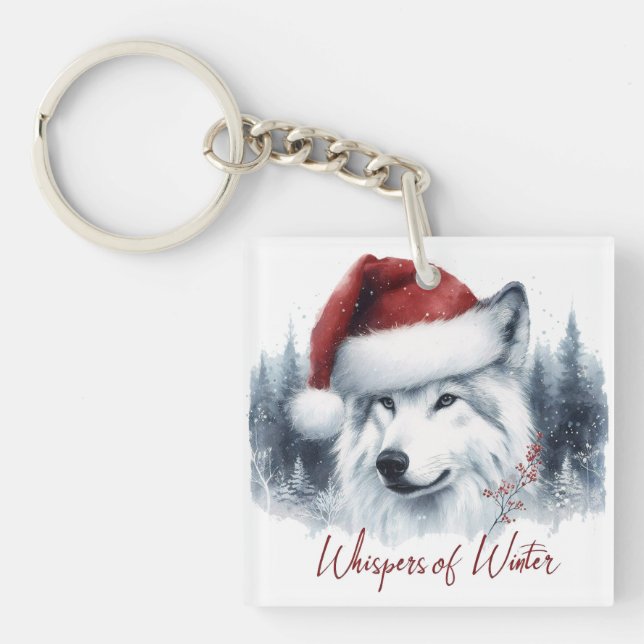 Porte-clés Whispers d'hiver - Wolf aquarelle à Santa Hat (Devant)