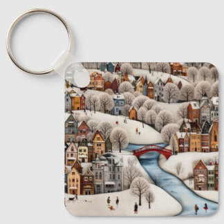 Porte-clés Winter Village Scene Cozy Snowy Town 