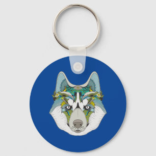Porte-clés Wolf husky embelli vert bleu
