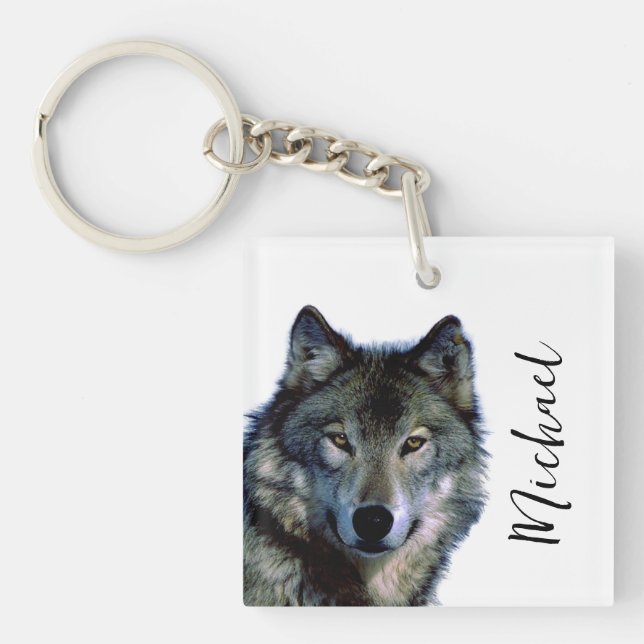 Porte-clés Wolf Portrait Votre nom Écriture personnalisée (Devant)