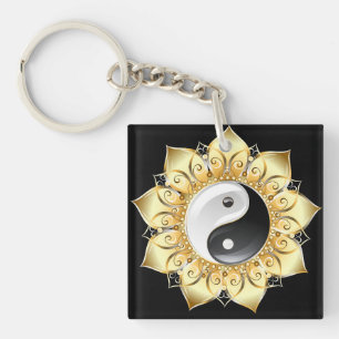 Porte-clés Yin Yang avec pétales de lotus dorés