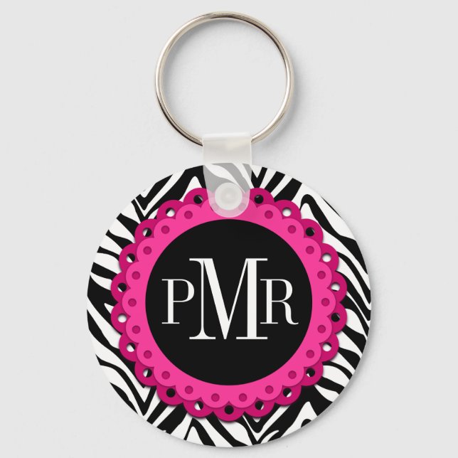 Porte-clés Zebra Print Hot Rose Lace Monogramme Personnalisé (Recto)
