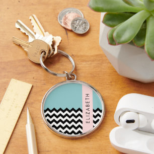 Porte-clés Zigzag noir et blanc, Chevron, Bleu, Votre nom