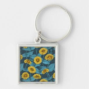 Porte-clés Zinnias jaune sur bleu foncé