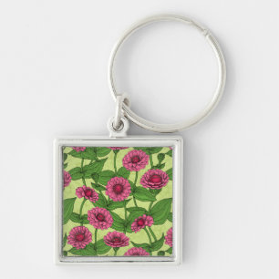 Porte-clés Zinnias rose sur vert clair