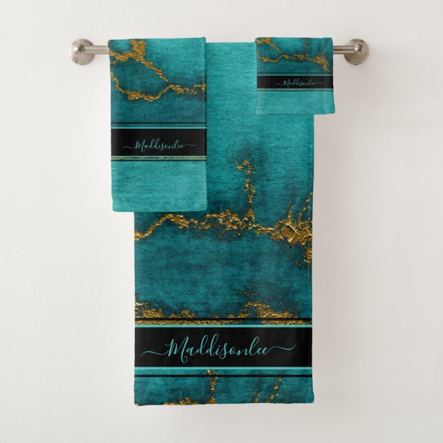 Porte en marbre doré turquoise Monogramme Nom Bain (En situation)