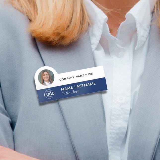 Porte-nom Ajouter le logo Photo Modern Navy Blue White Busin (Créateur téléchargé)