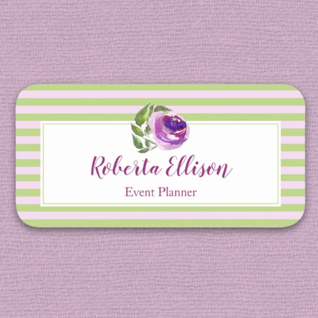 Porte-nom Aquarelle violet Rose Floral Stripes Business (Créateur téléchargé)