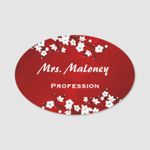 Porte-nom Asie Floral blanc cerisier rouge