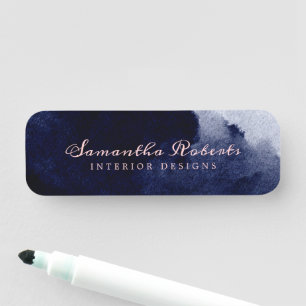 Porte-nom Bleu Nuit Aquarelle Abstrait Rose Pâle Script