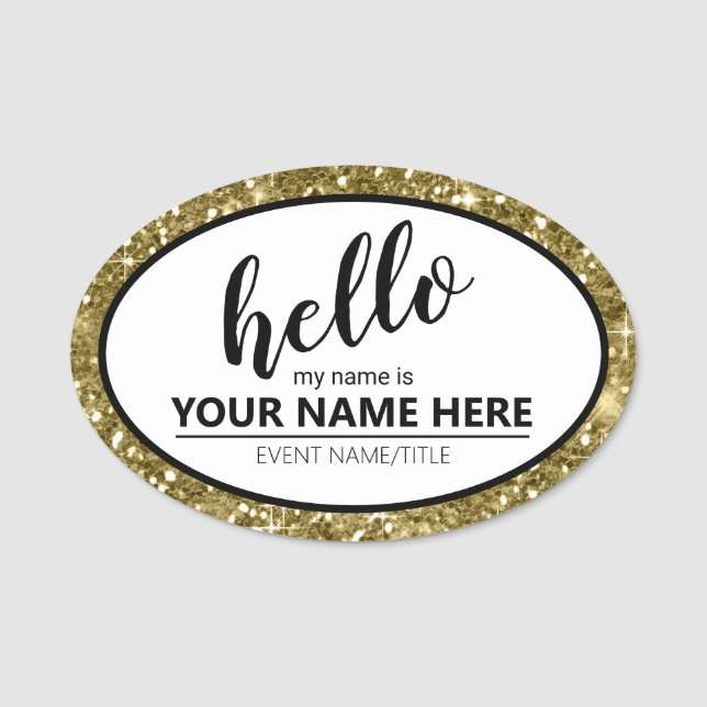 Porte-nom Bonjour Parties scintillant Bordure Gold ID633 (Devant)