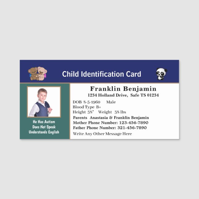 Porte-nom Carte d'identité de l'enfant Carte d'étudiant pers (Devant)
