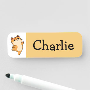 Porte-nom Chat Dessiné Orange, Personnalisé, Jaune