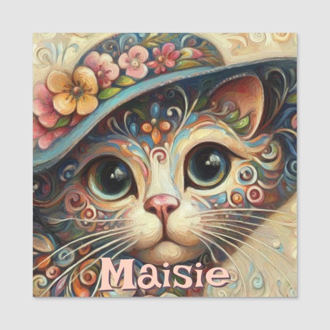 Porte-nom Chat Whimsical avec un Casquette Floral Personnali (Devant)