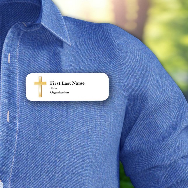 Porte-nom Christian Gold Cross, Classique 3" x 1" (Personalized Christian gold cross name tag, symbol of faith, devotion, and spiritual commitment.)