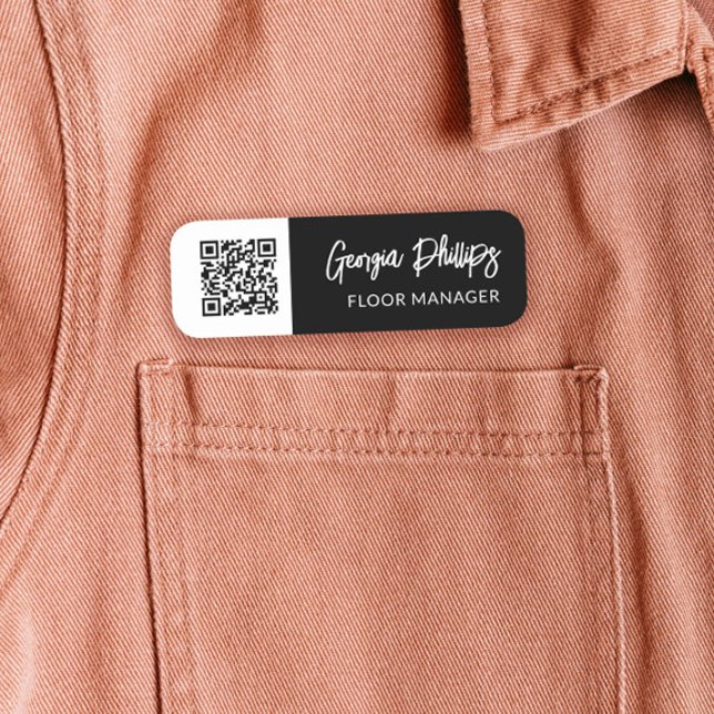 Porte-nom Code QR noir et blanc - Script de brosse (Créateur téléchargé)