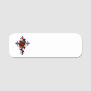 Porte-nom Croix d'argent avec une rose rouge