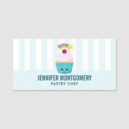 Porte-nom Cupcake bleu mignon avec visage Kawaii