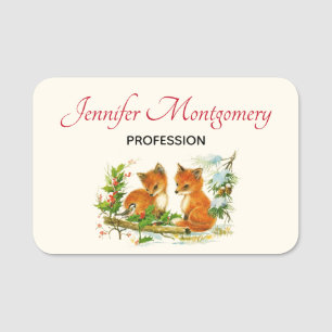 Porte-nom Cute Vintage Foxes Retro Christmas Scene