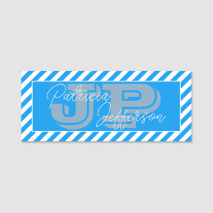 Porte-nom Elégant bleu clair azur & blanc rayé : Monogramme