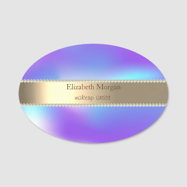 Porte-nom Elegant Gold Stripe, Perles, Ombre Holographique (Devant)