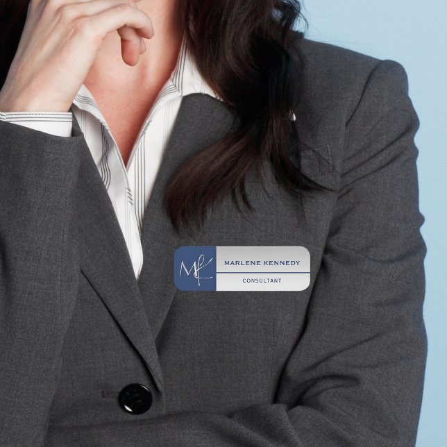 Porte-nom Élégant Monogramme Argent Marine Logo bleu employé (Créateur téléchargé)
