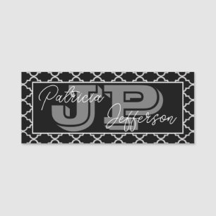 Porte-nom Élégant Monogramme de Quatrefoil Marocain Noir & B