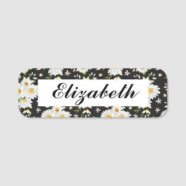 Porte-nom Élégant Monogramme noir et blanc Motif marguerrier (Devant)