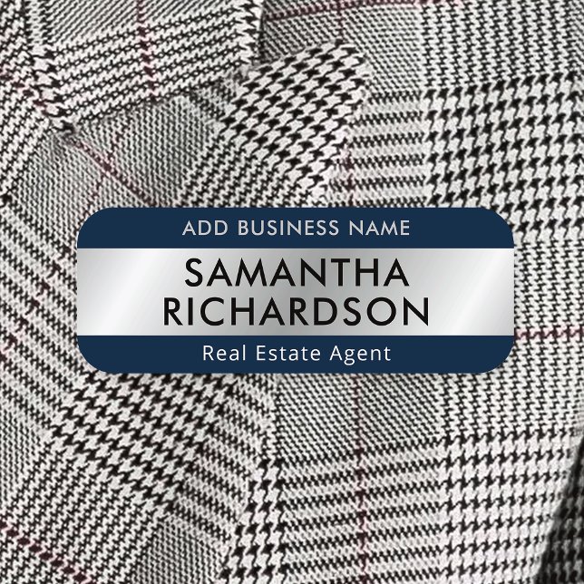 Porte-nom Entreprise moderne Simple Marine Blue & Silver Emp (Modern navy blue and faux silver business employee name tags with custom text and your company name)